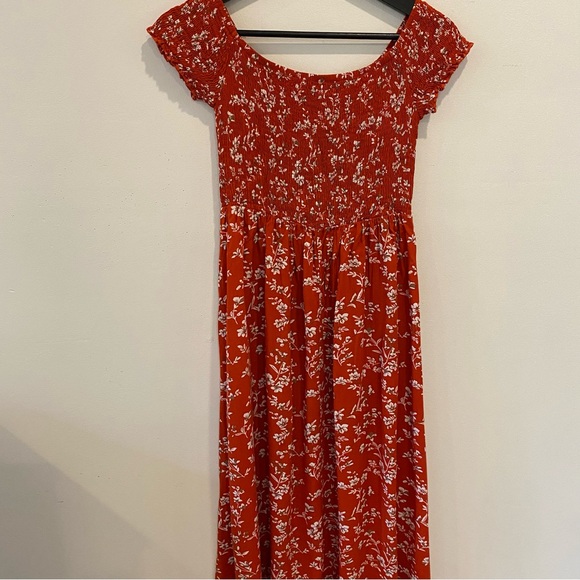 Midi length floral dress size medium orange brown 70’s shirred top short sleeve - Picture 6 of 13